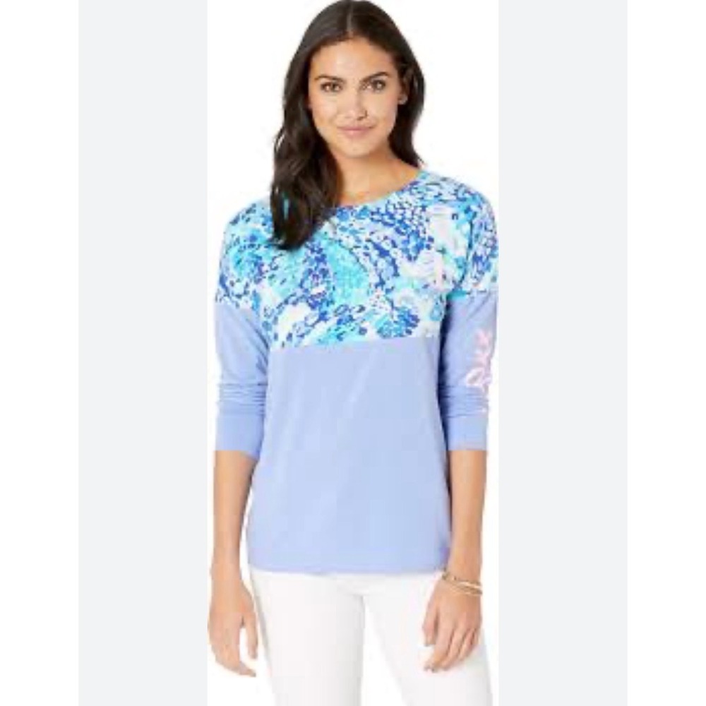 Lilly Pulitzer Long Sleeve Finn Top Women XS Blue Floral Coastal Graphic Tee